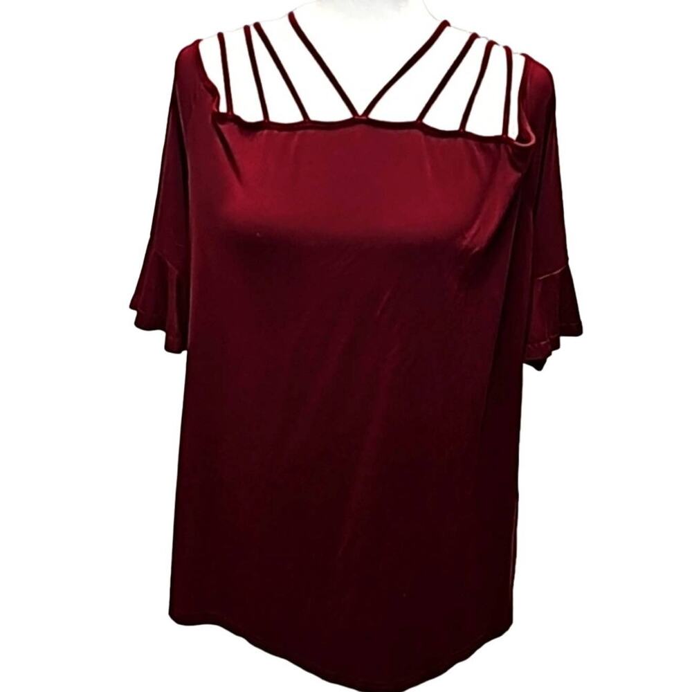 New Choice Maroon Strappy Short Ruffled Sleeve Top Viscose Blend Womans Size 2XL